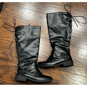 Wanted Moto Rugged Edgy Lace-Up Back Knee-High Boots Black Women's Size 6.5
